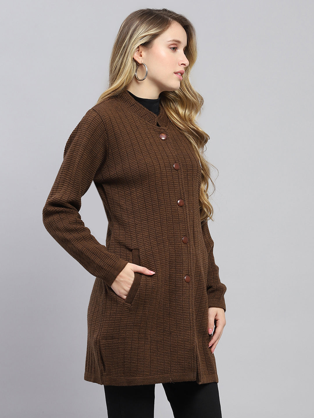 Women Brown Self Design Round Neck Full Sleeve Knitted Coat