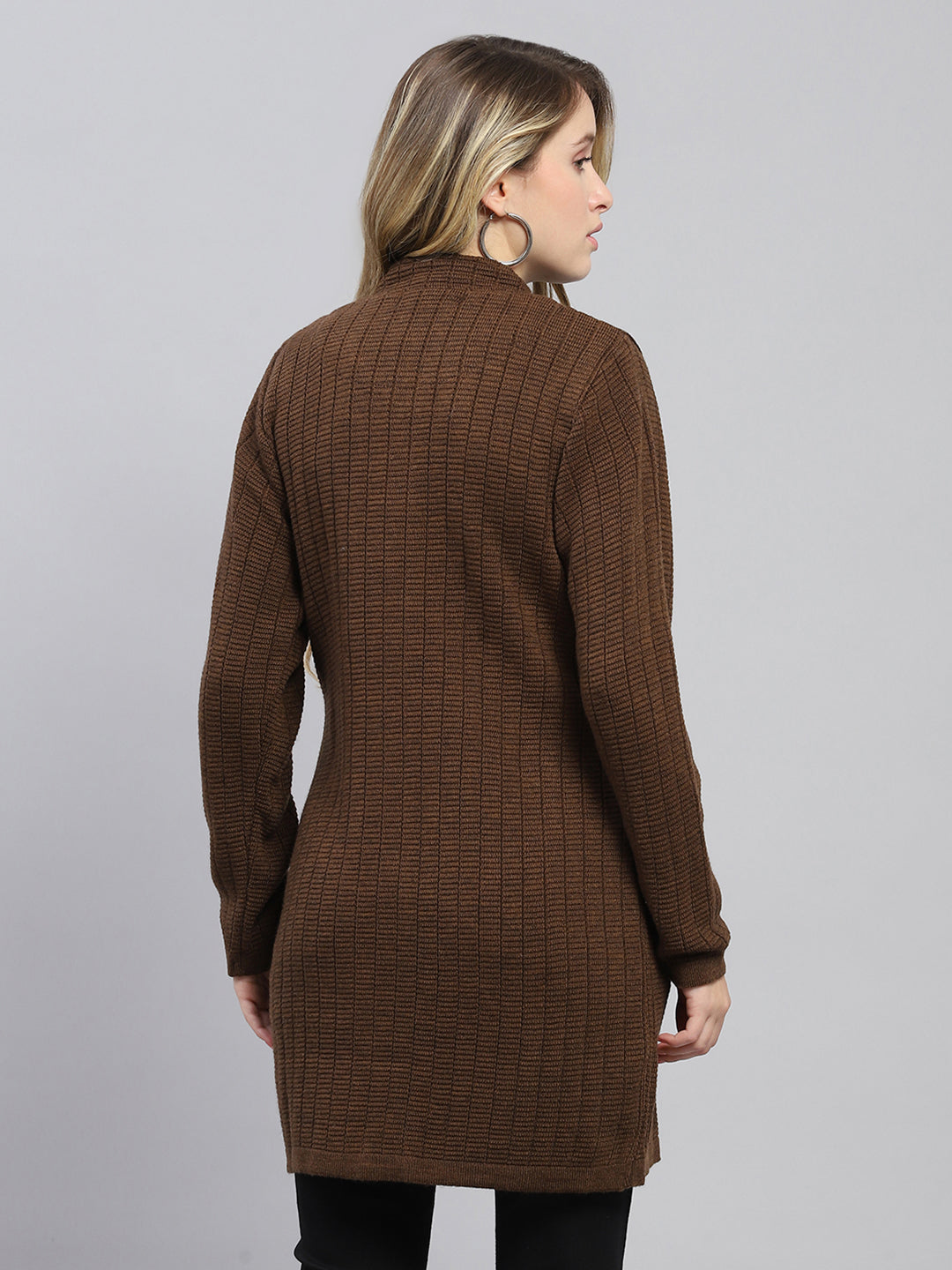 Women Brown Self Design Round Neck Full Sleeve Knitted Coat