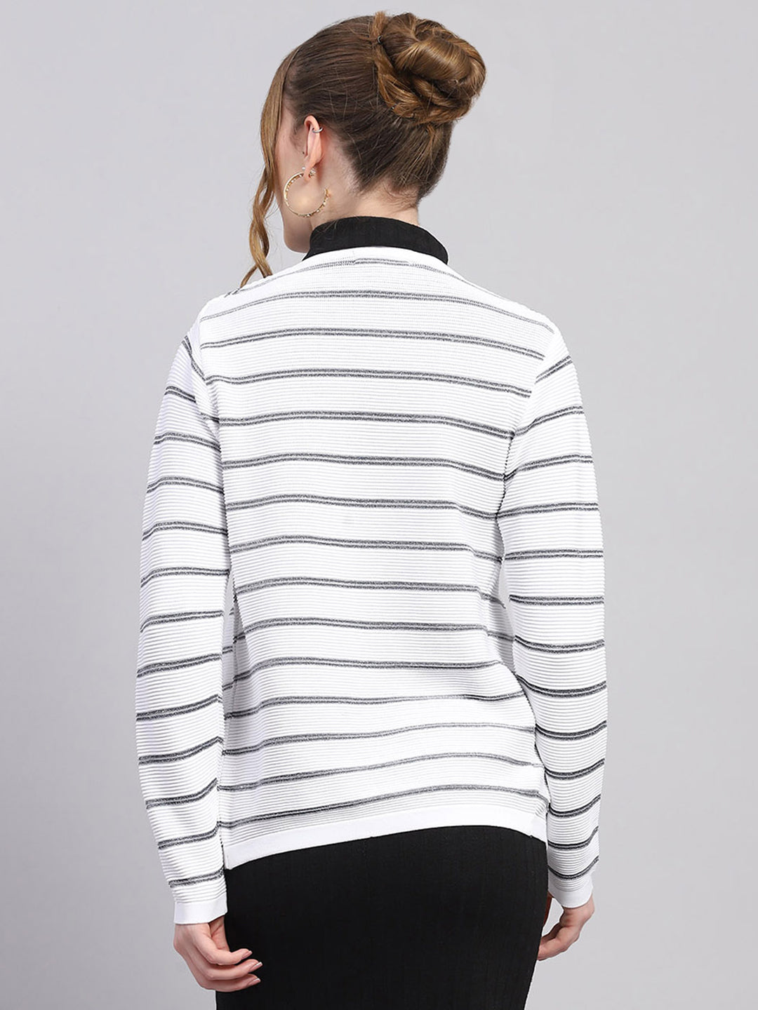 Women White Stripe Round Neck Full Sleeve Cardigan