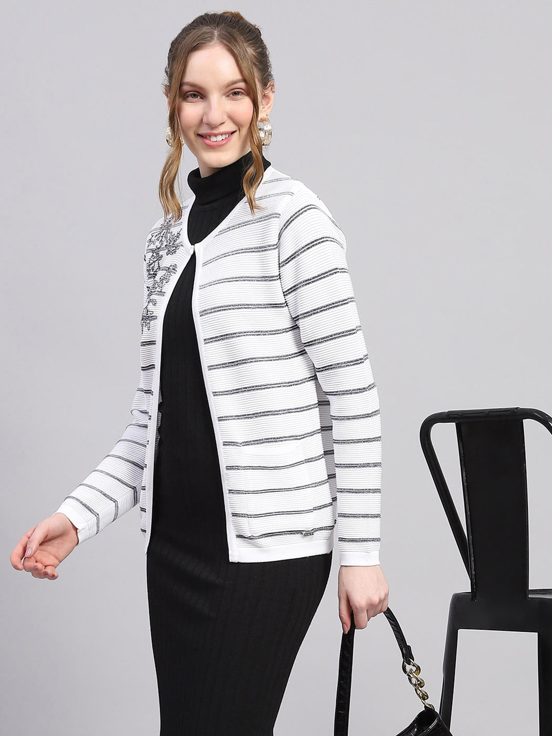 Women White Stripe Round Neck Full Sleeve Cardigan