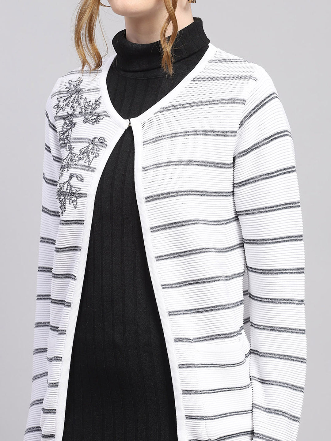 Women White Stripe Round Neck Full Sleeve Cardigan