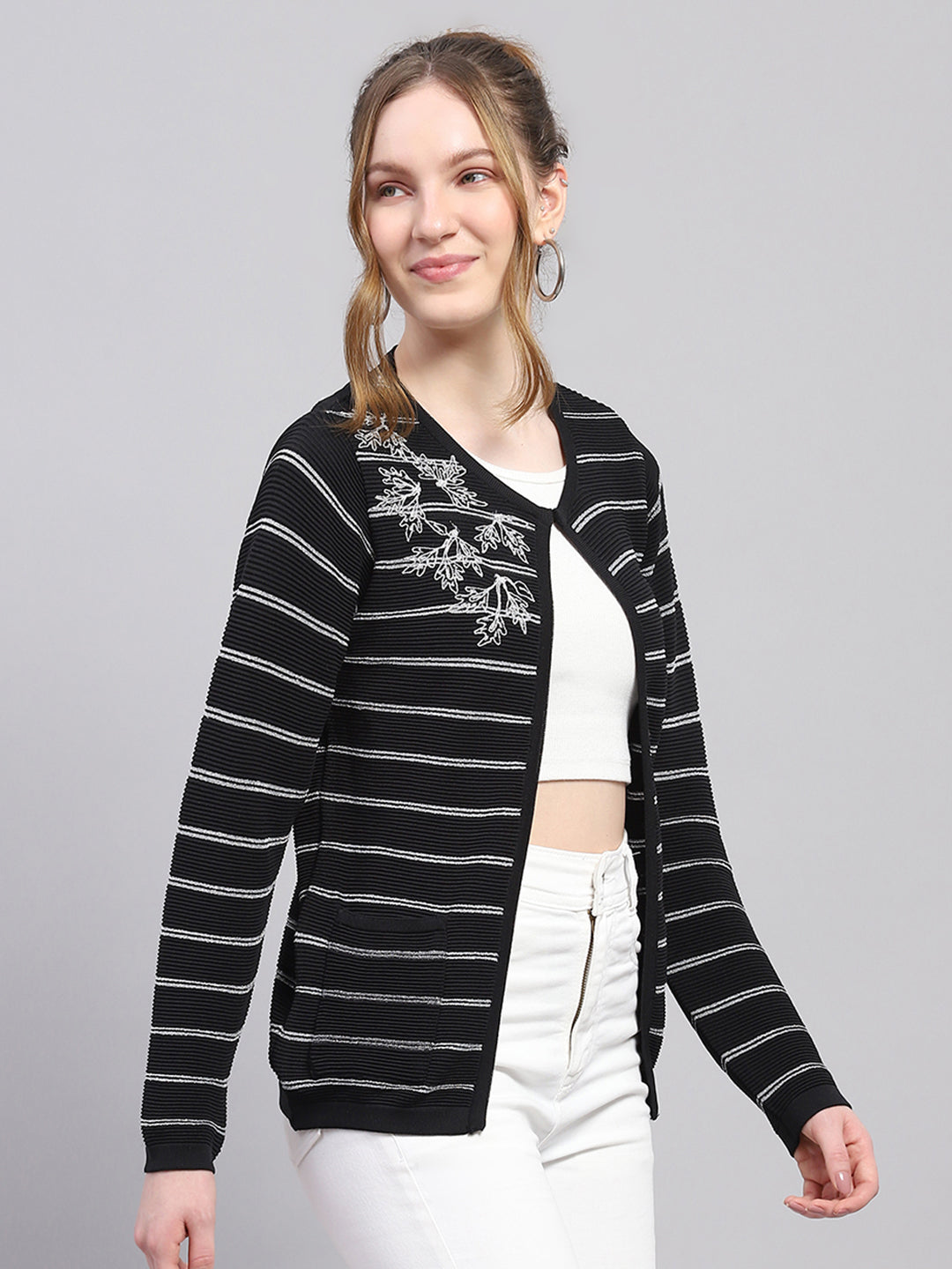 Women Black Stripe Round Neck Full Sleeve Cardigan