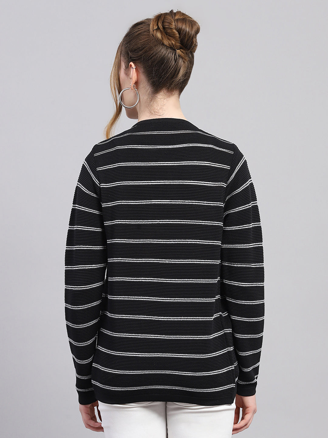 Women Black Stripe Round Neck Full Sleeve Cardigan