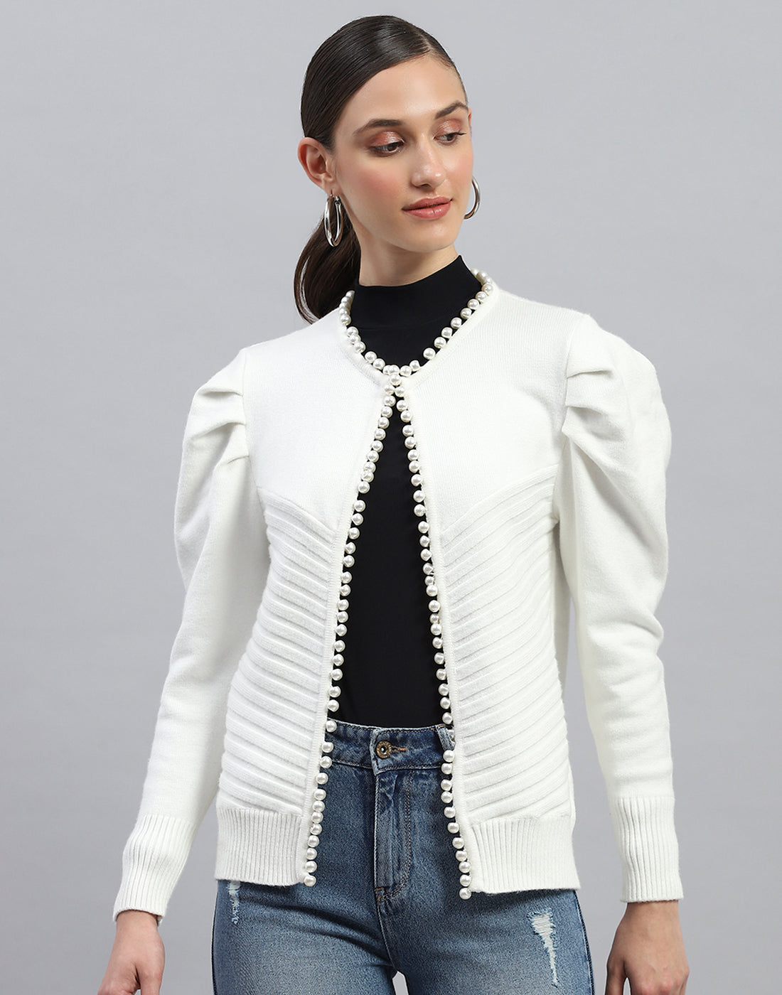 Women White Self Design V Neck Full Sleeve Cardigan