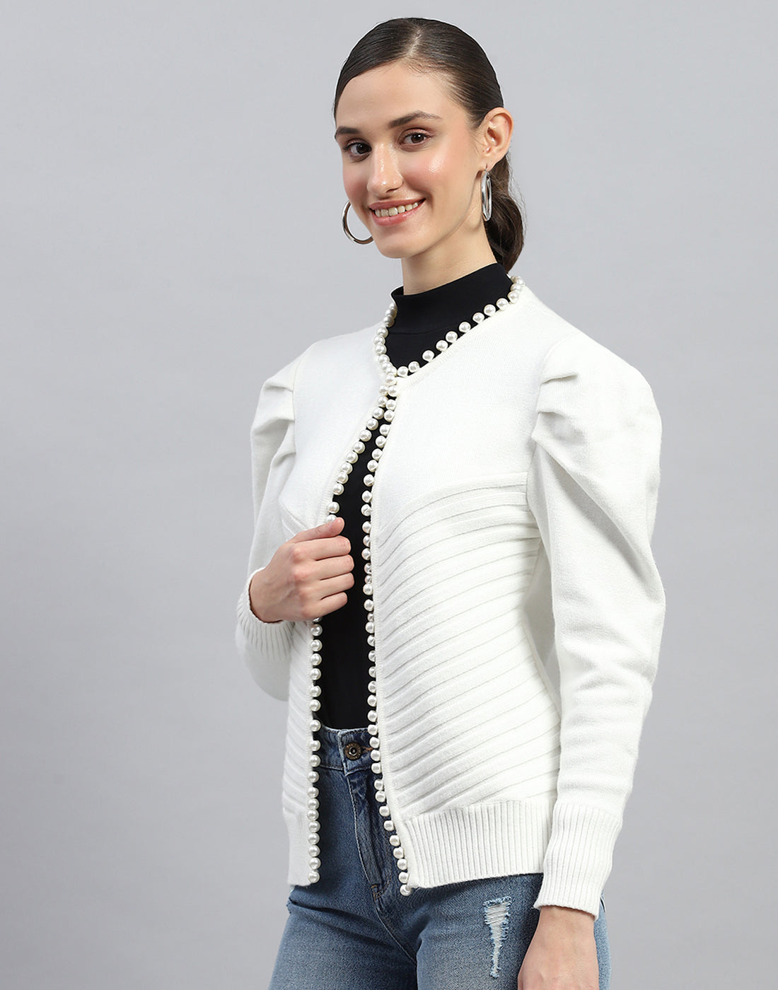 Women White Self Design V Neck Full Sleeve Cardigan