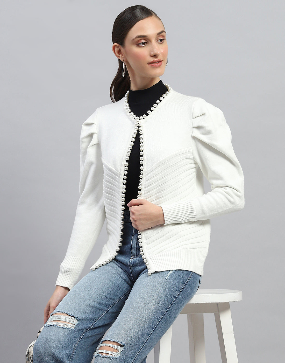 Women White Self Design V Neck Full Sleeve Cardigan