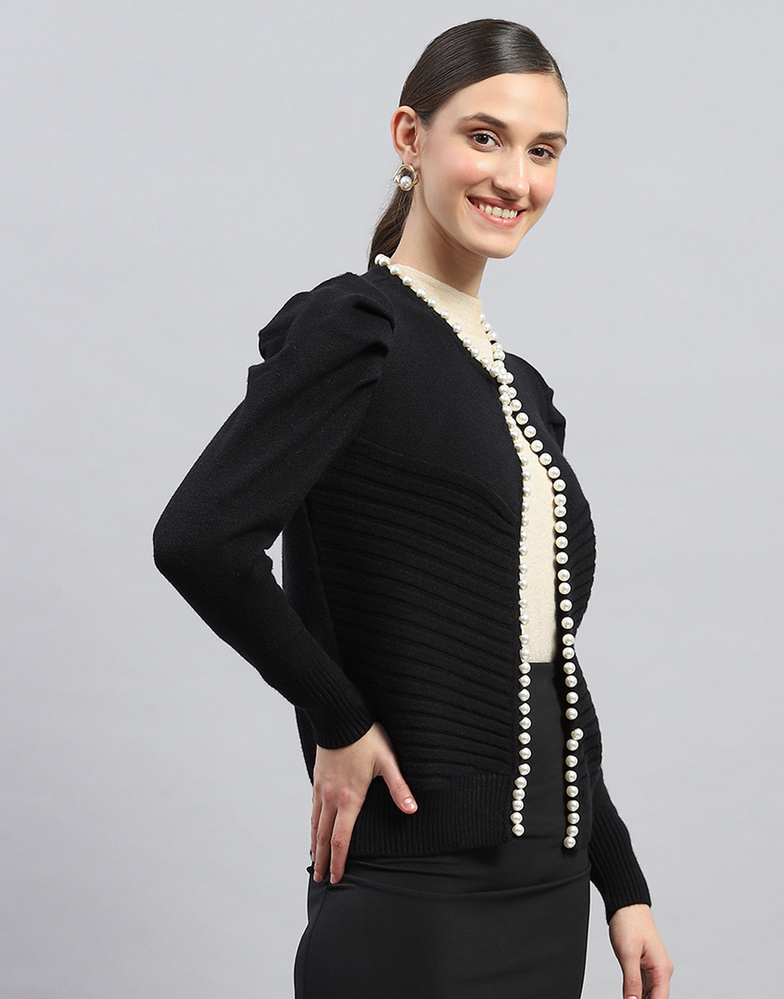 Women Black Self Design V Neck Full Sleeve Cardigan