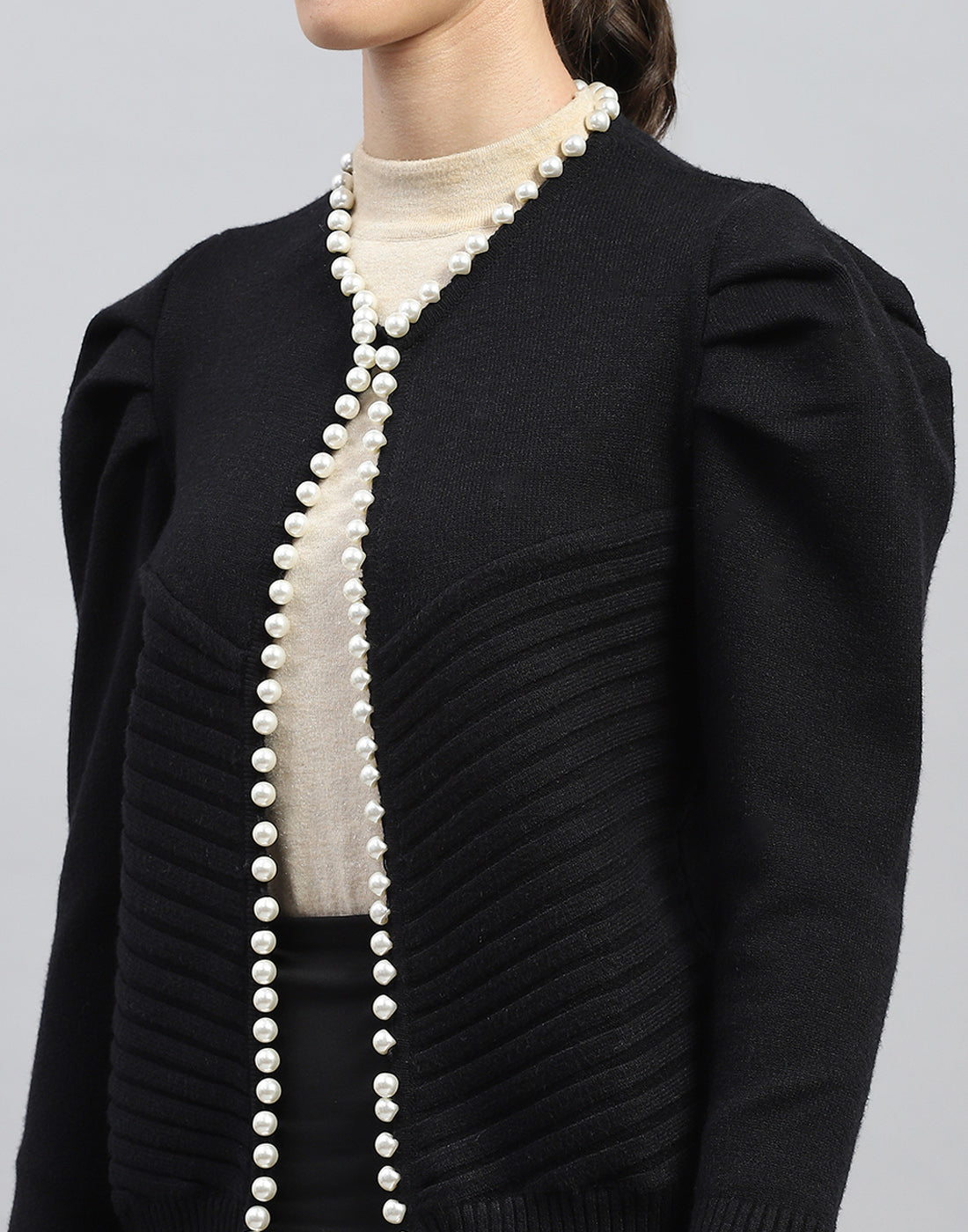 Women Black Self Design V Neck Full Sleeve Cardigan