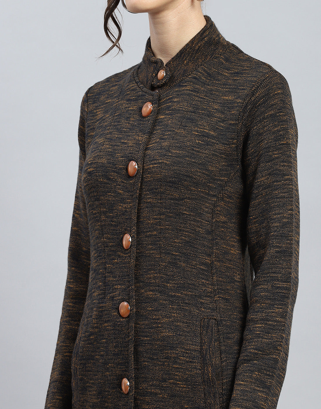 Women Brown Self Design High Neck Full Sleeve Knitted coat