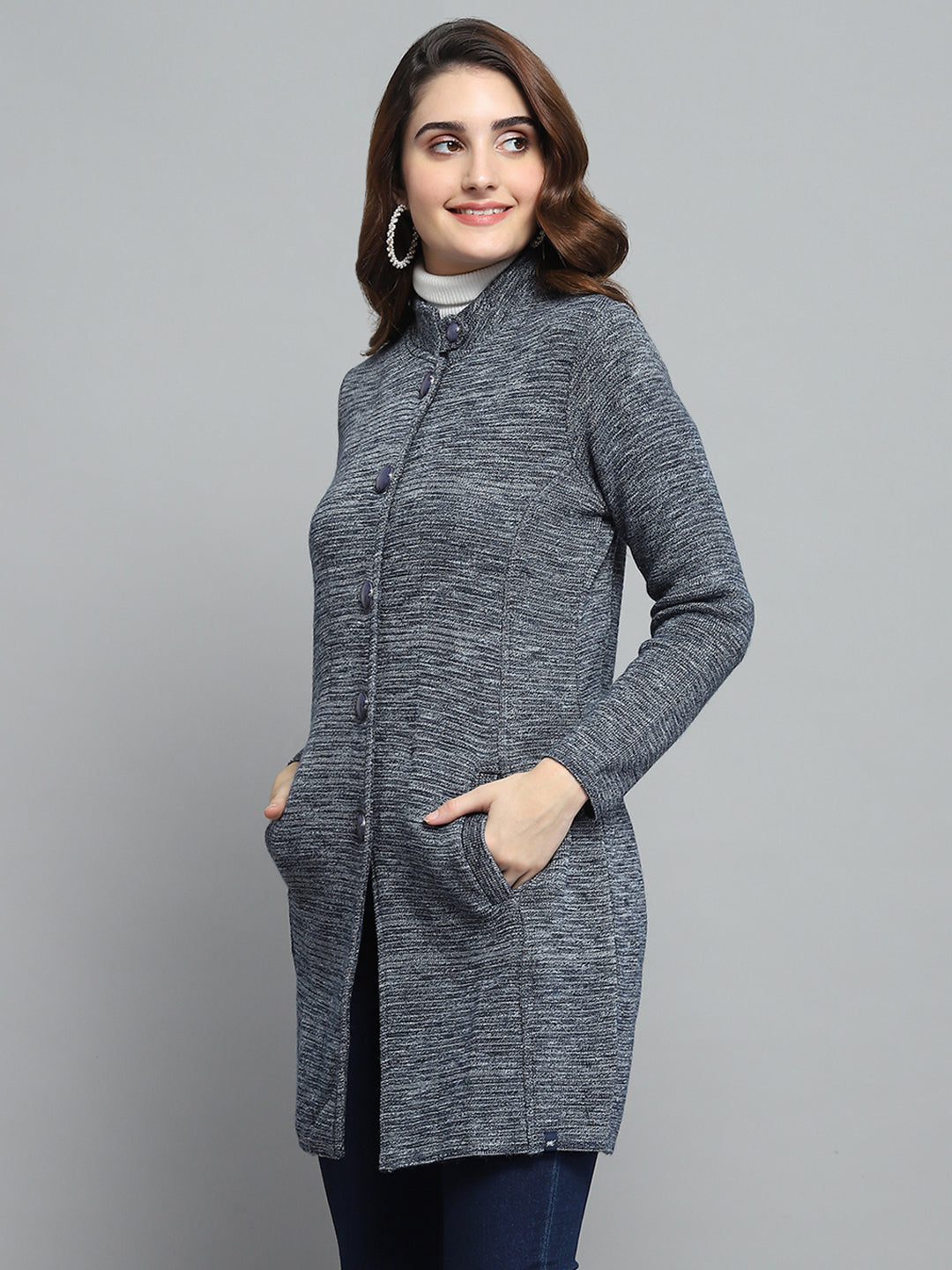 Women Grey Self Design Round Neck Full Sleeve Knitted Coat