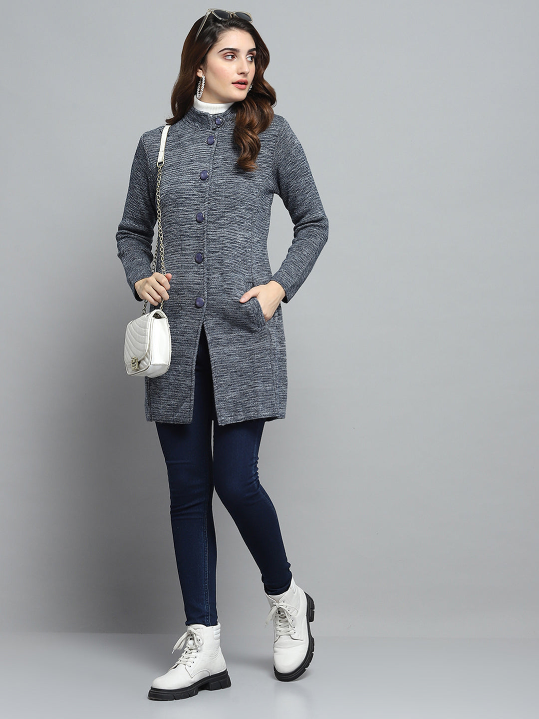 Women Grey Self Design Round Neck Full Sleeve Knitted Coat