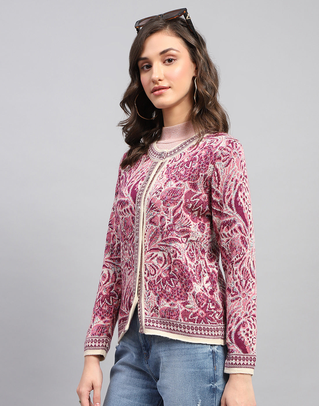 Women Pink Self Design Round Neck Full Sleeve Cardigan