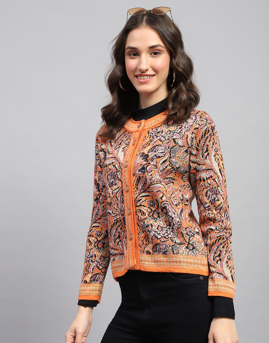 Women Orange Self Design Round Neck Full Sleeve Cardigan