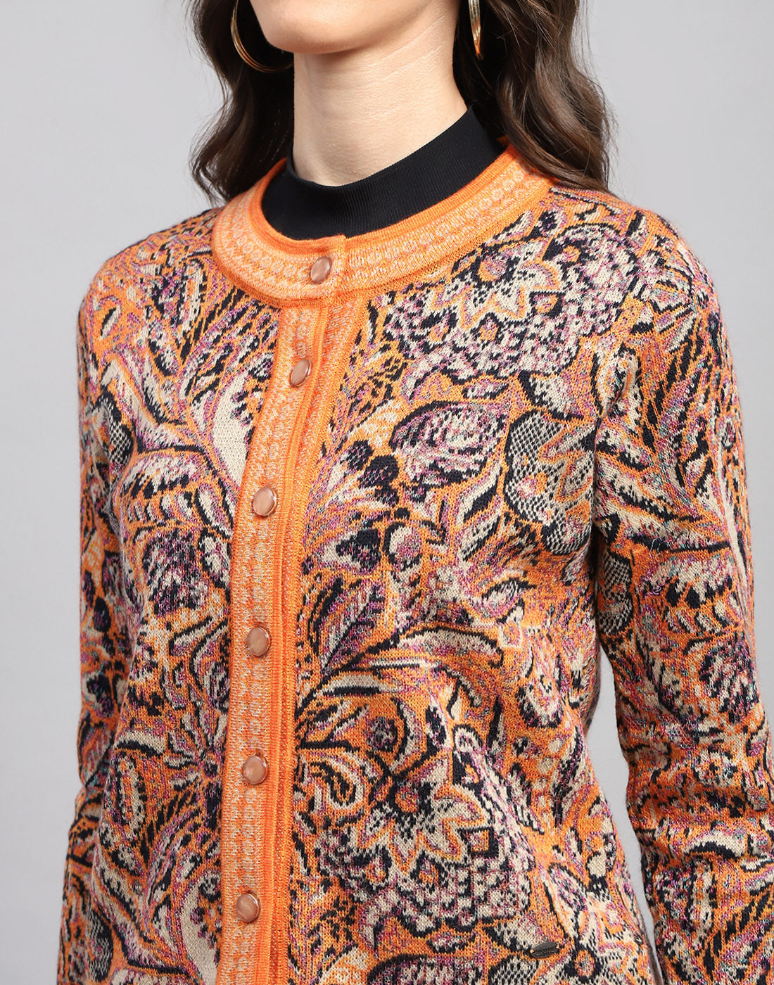 Women Orange Self Design Round Neck Full Sleeve Cardigan