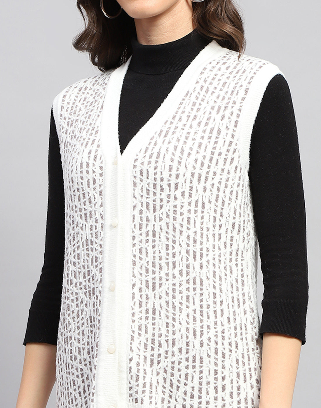 Women White Self Design V Neck Sleeveless Cardigan