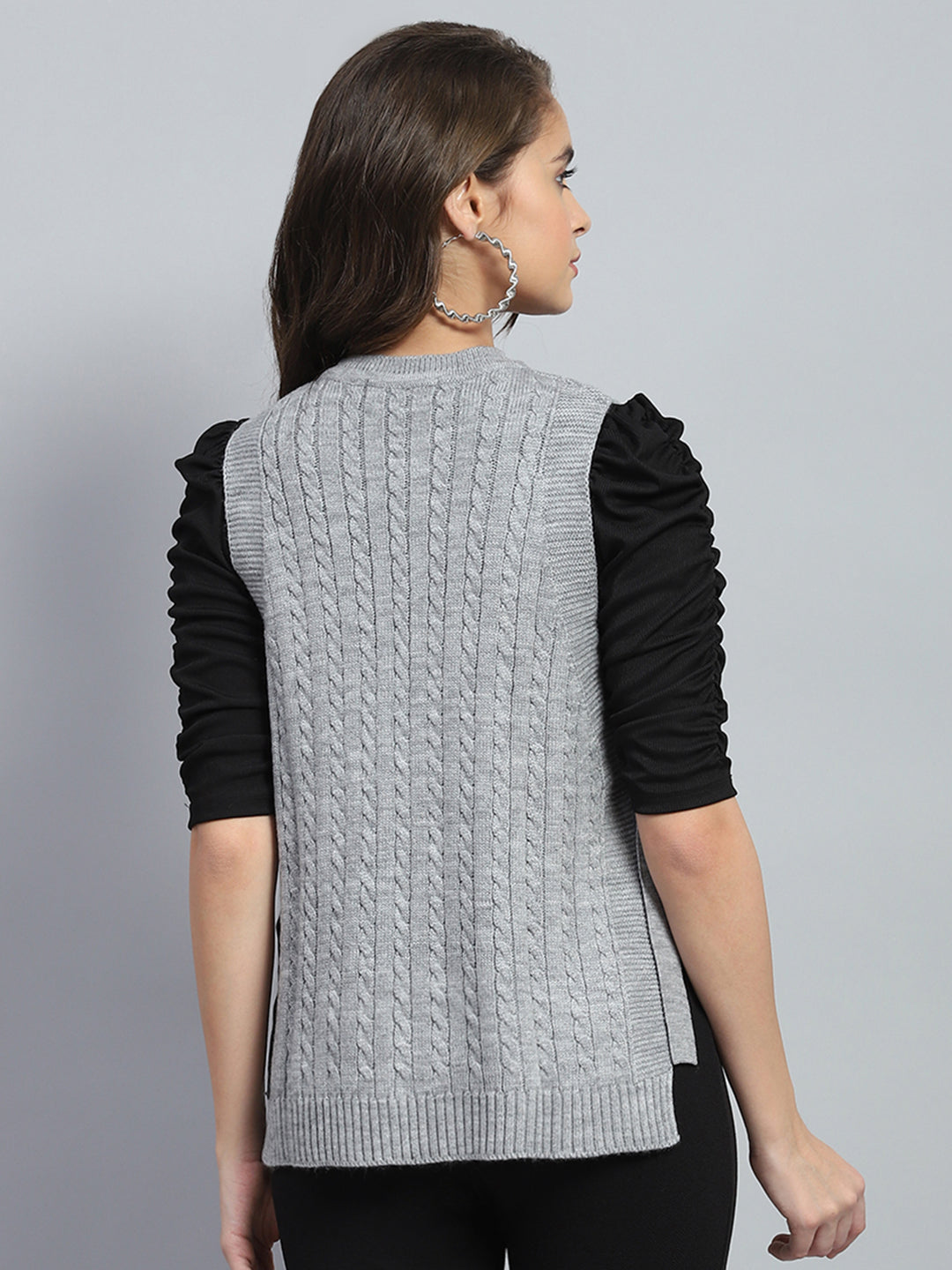 Women Grey Self Design Round Neck Sleeveless Winter Top