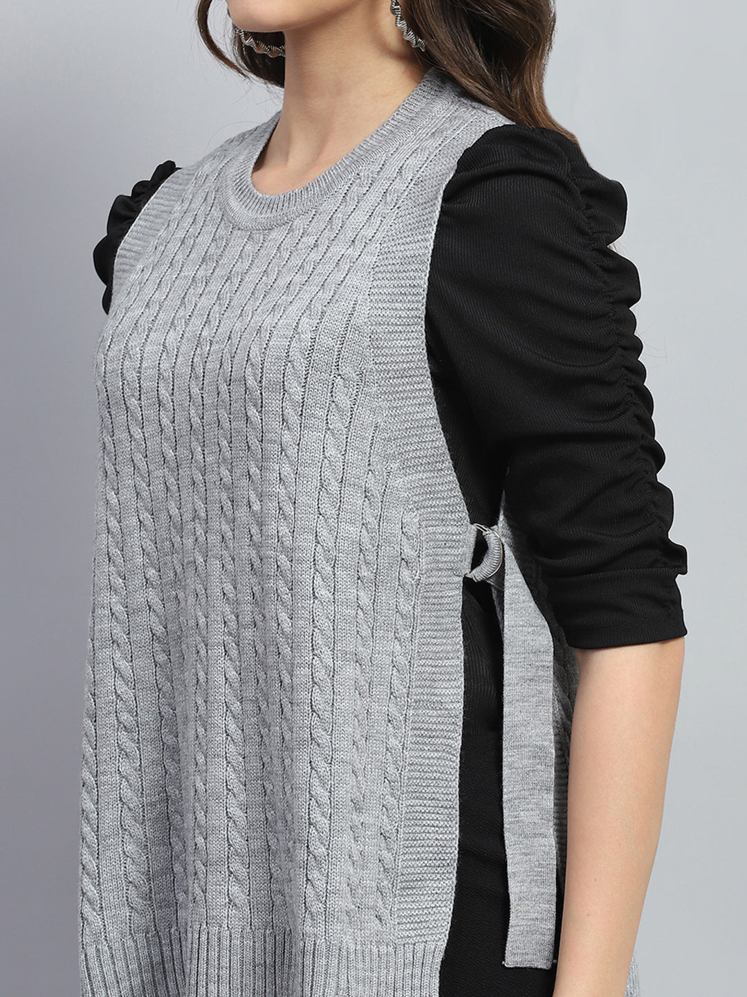 Women Grey Self Design Round Neck Sleeveless Winter Top