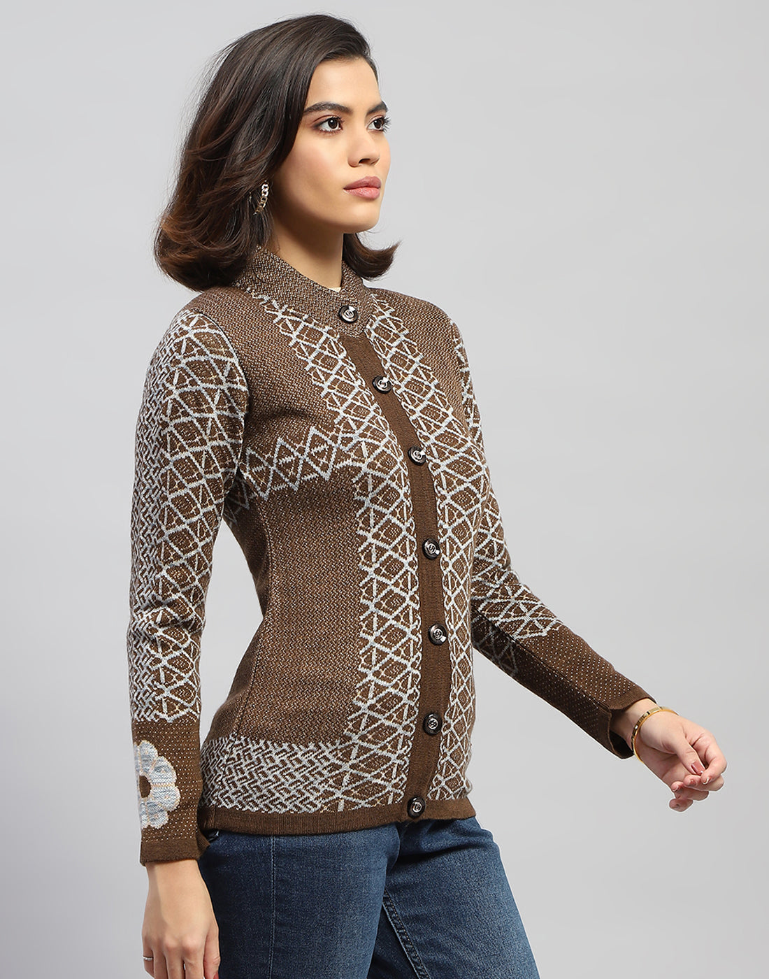 Women Brown Jaquard Round Neck Full Sleeve Cardigan