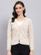 Women Beige Self Design V Neck Full Sleeve Cardigan