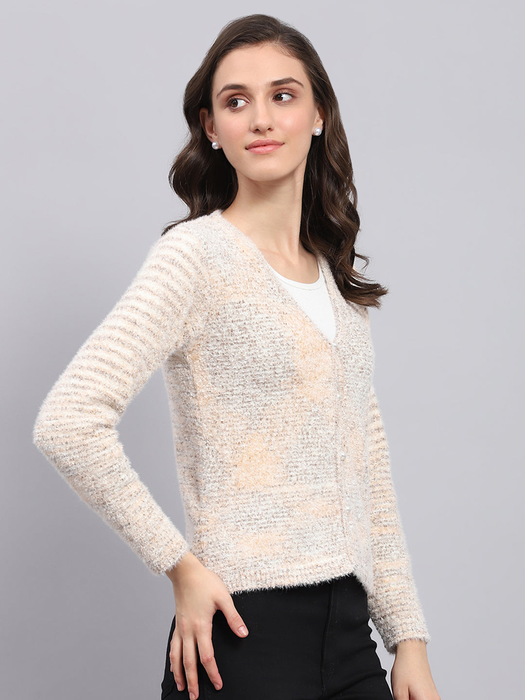 Women Beige Self Design V Neck Full Sleeve Cardigan