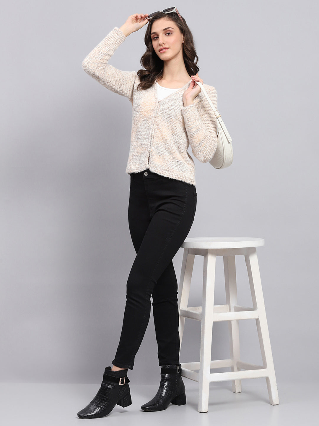 Women Beige Self Design V Neck Full Sleeve Cardigan