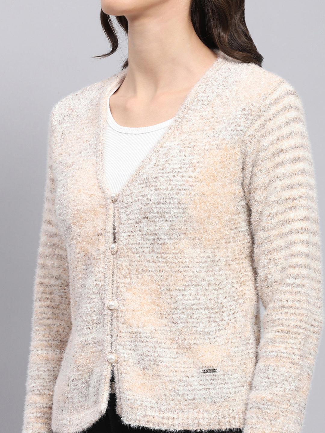 Women Beige Self Design V Neck Full Sleeve Cardigan