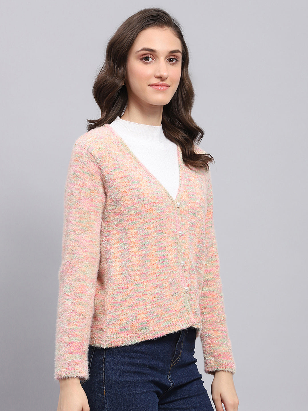 Women Pink Self Design V Neck Full Sleeve Cardigan