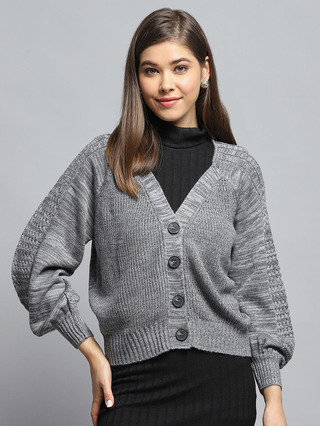 Women Grey Self Design V Neck Full Sleeve Cardigan