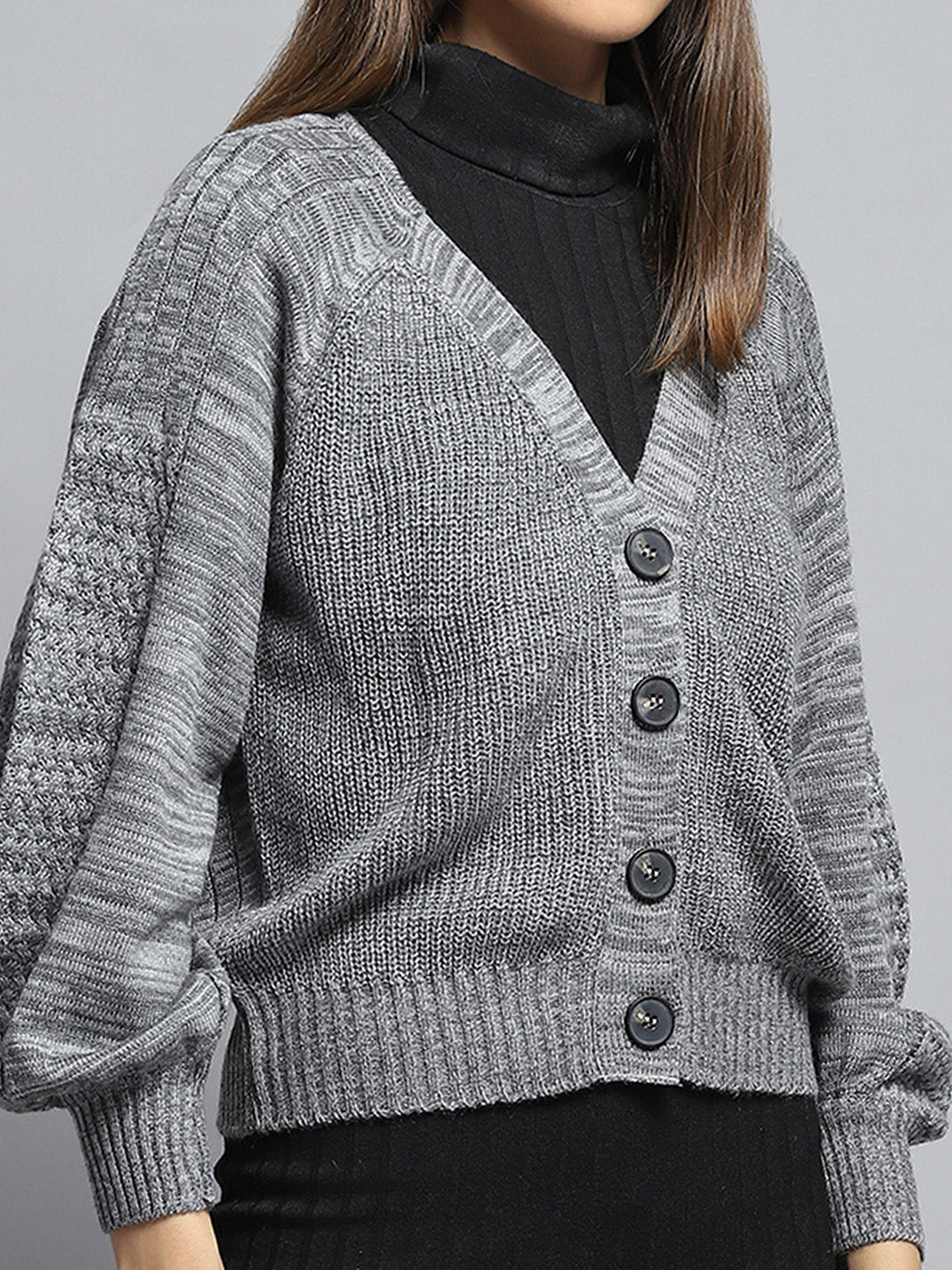 Women Grey Self Design V Neck Full Sleeve Cardigan