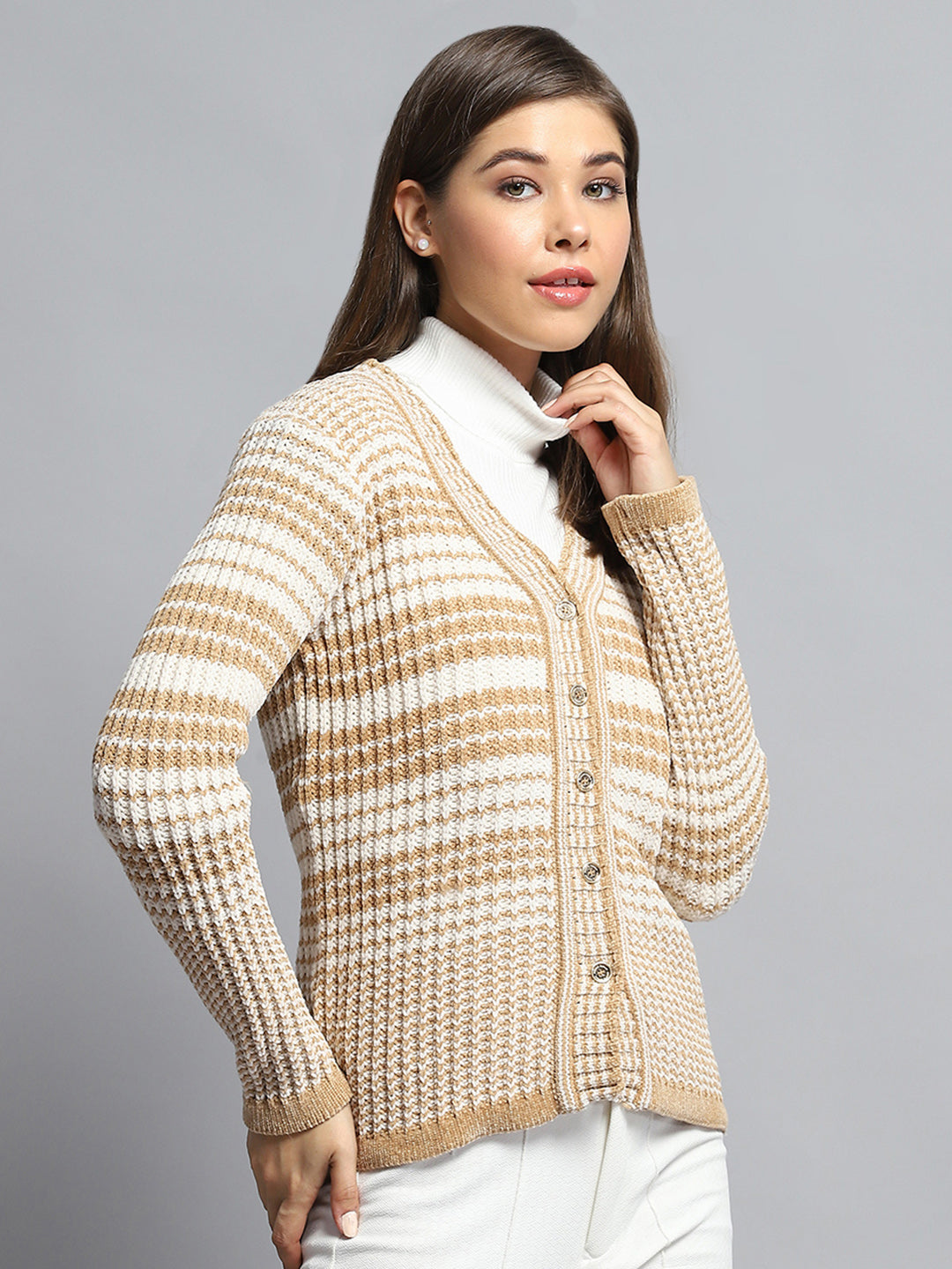 Women Beige Stripe V Neck Full Sleeve Cardigan