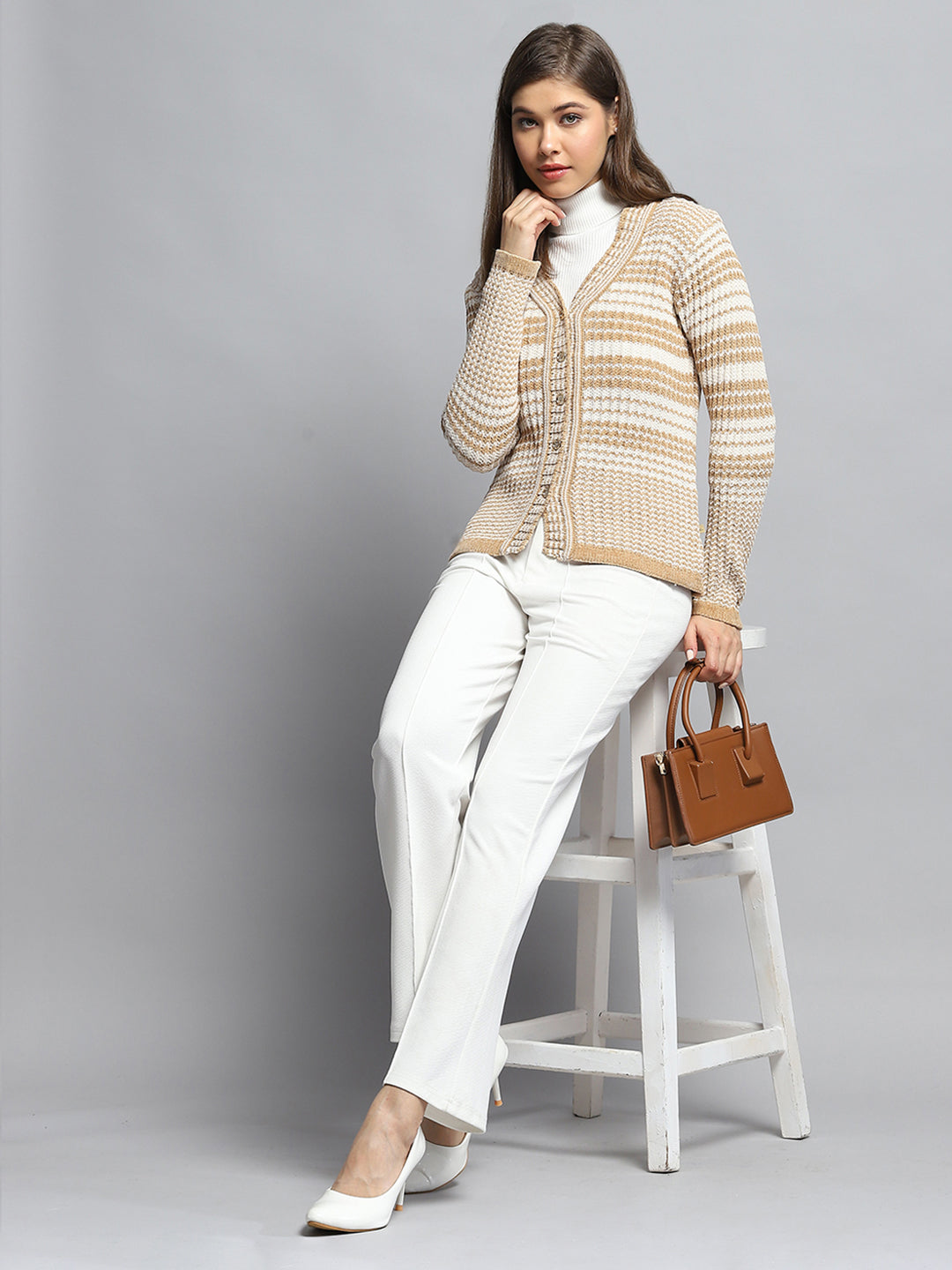 Women Beige Stripe V Neck Full Sleeve Cardigan