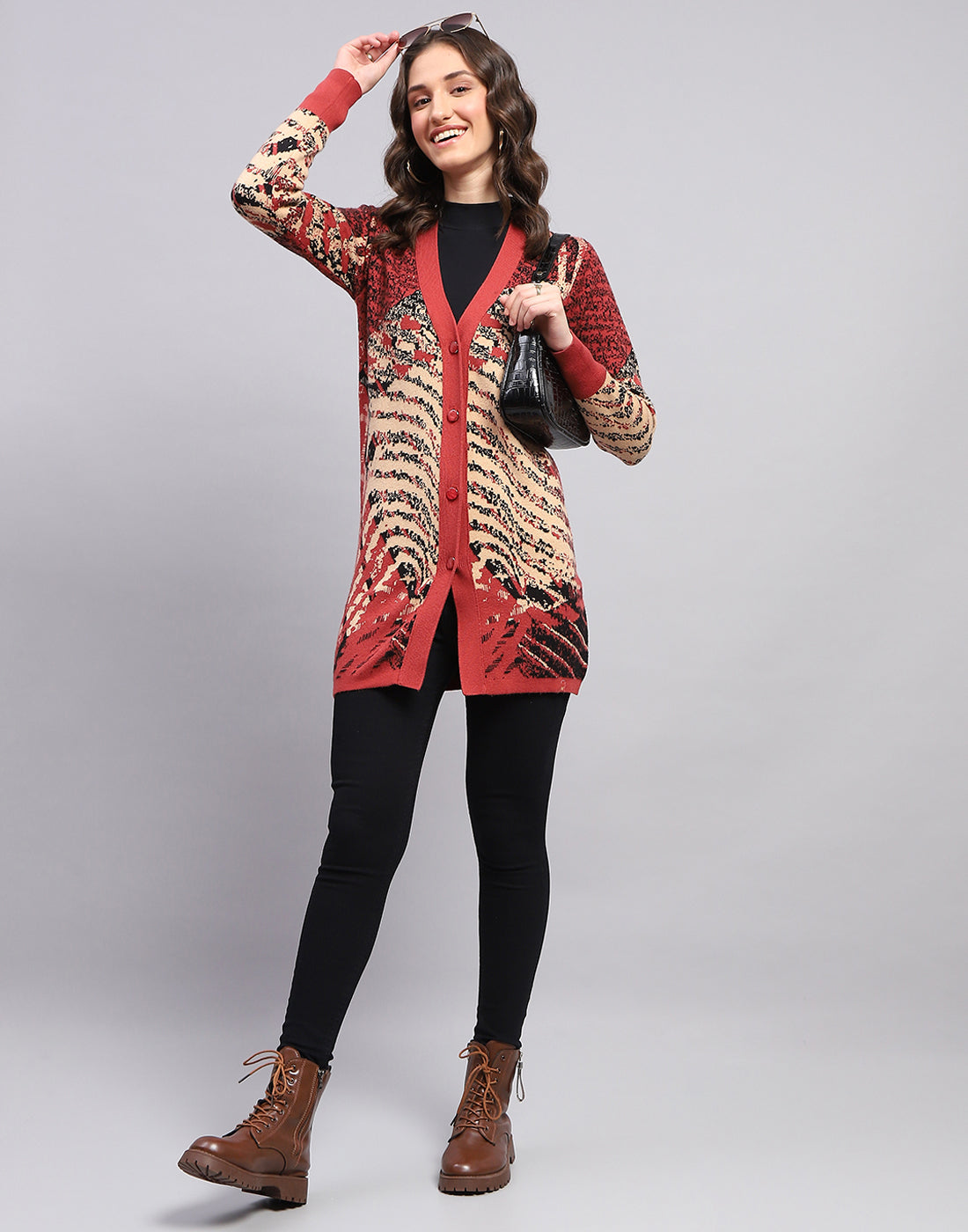 Women Red Self Design V Neck Full Sleeve Cardigan