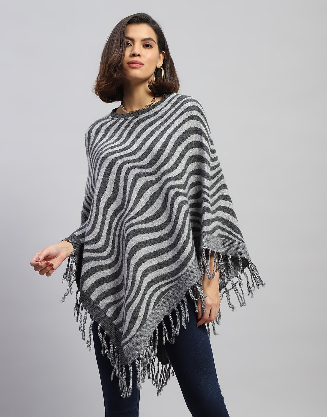 Women Grey Self Design Round Neck  Poncho