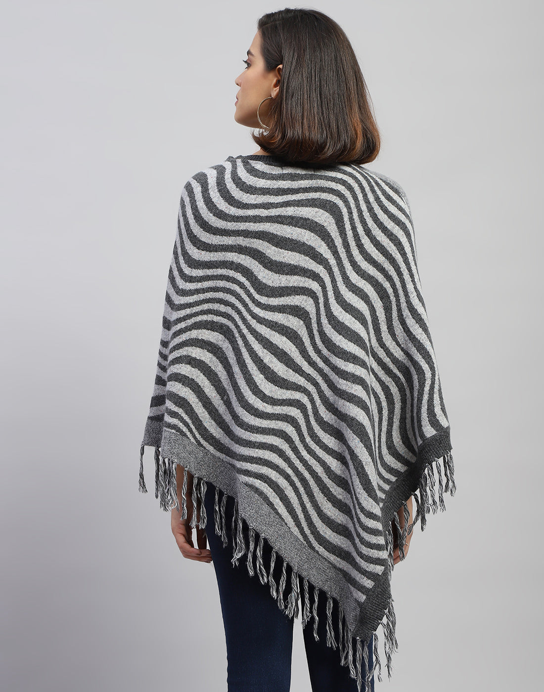 Women Grey Self Design Round Neck  Poncho