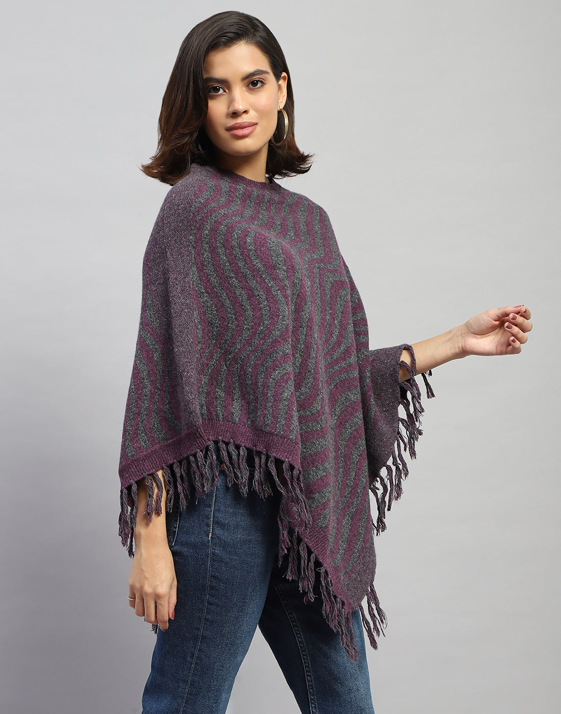 Women Purple Self Design Round Neck  Poncho