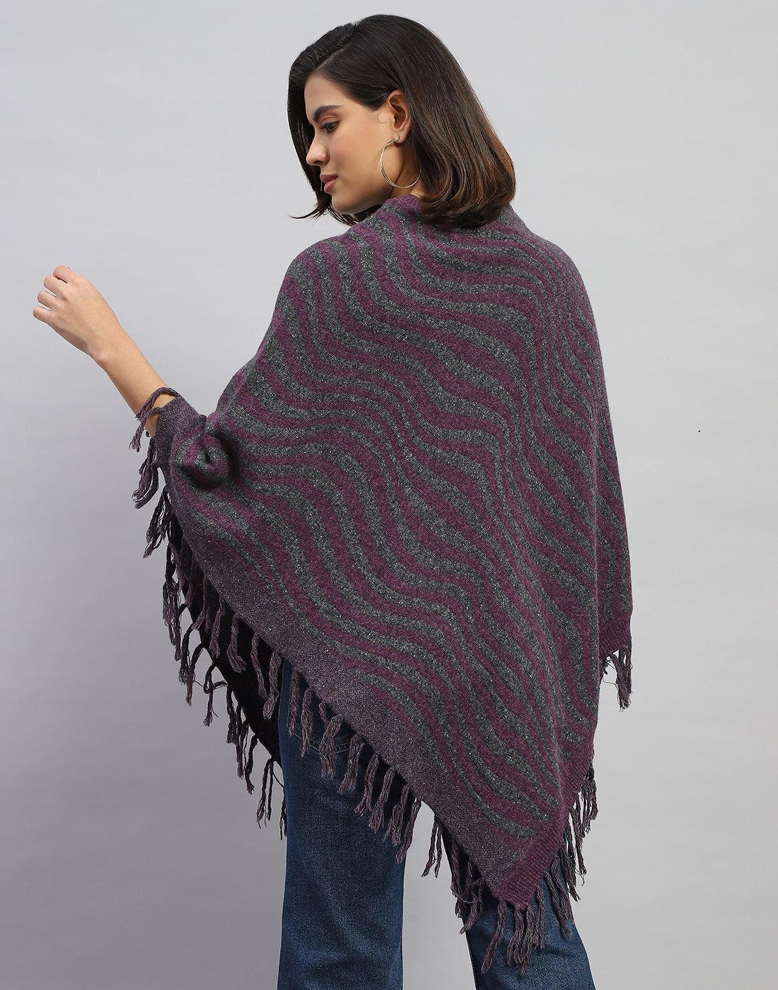 Women Purple Self Design Round Neck  Poncho