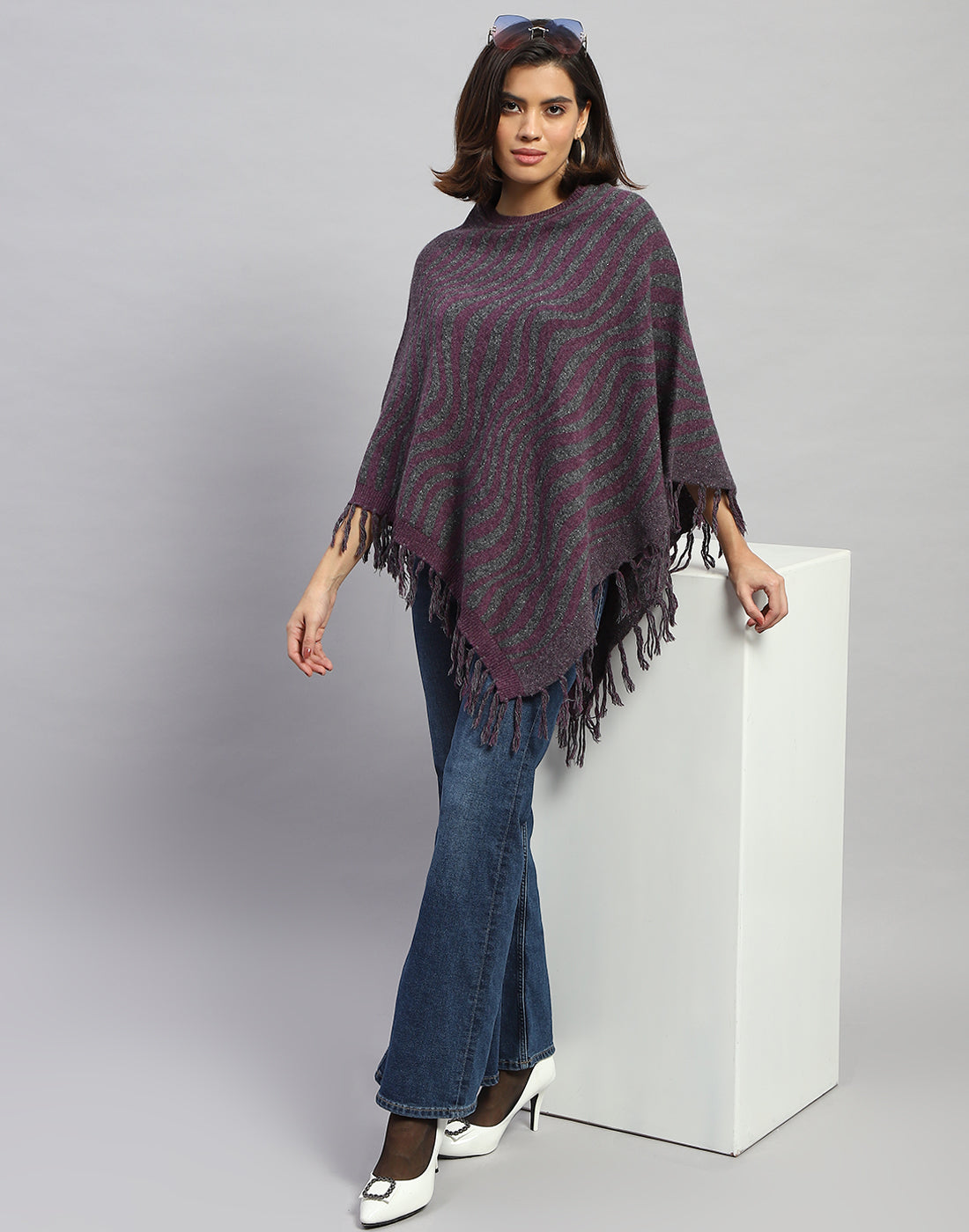 Women Purple Self Design Round Neck  Poncho