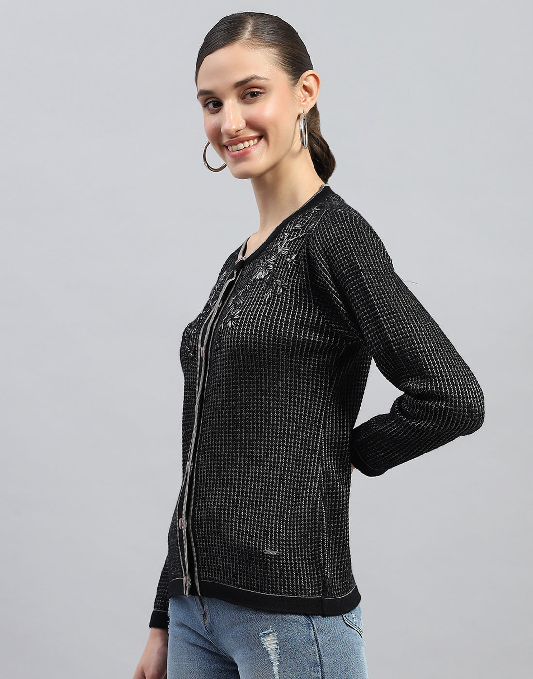 Women Black Self Design Round Neck Full Sleeve Cardigan