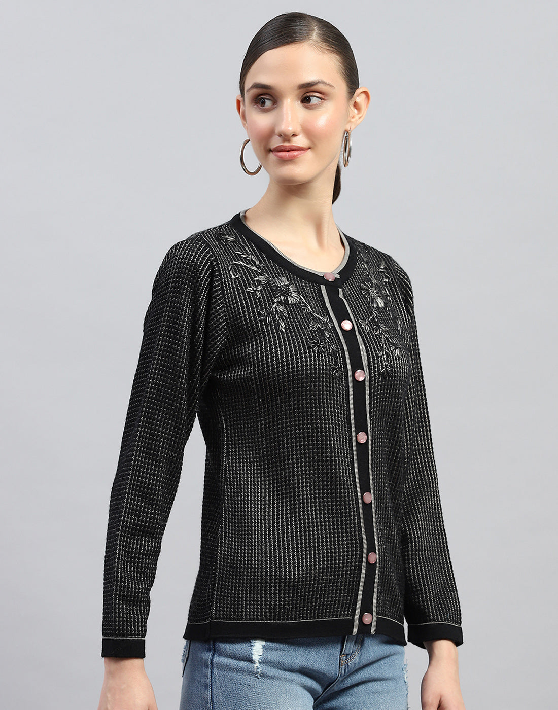 Women Black Self Design Round Neck Full Sleeve Cardigan