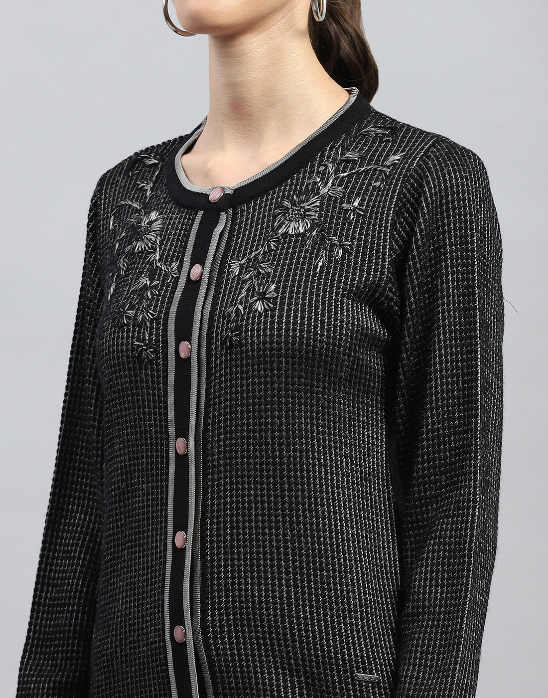 Women Black Self Design Round Neck Full Sleeve Cardigan