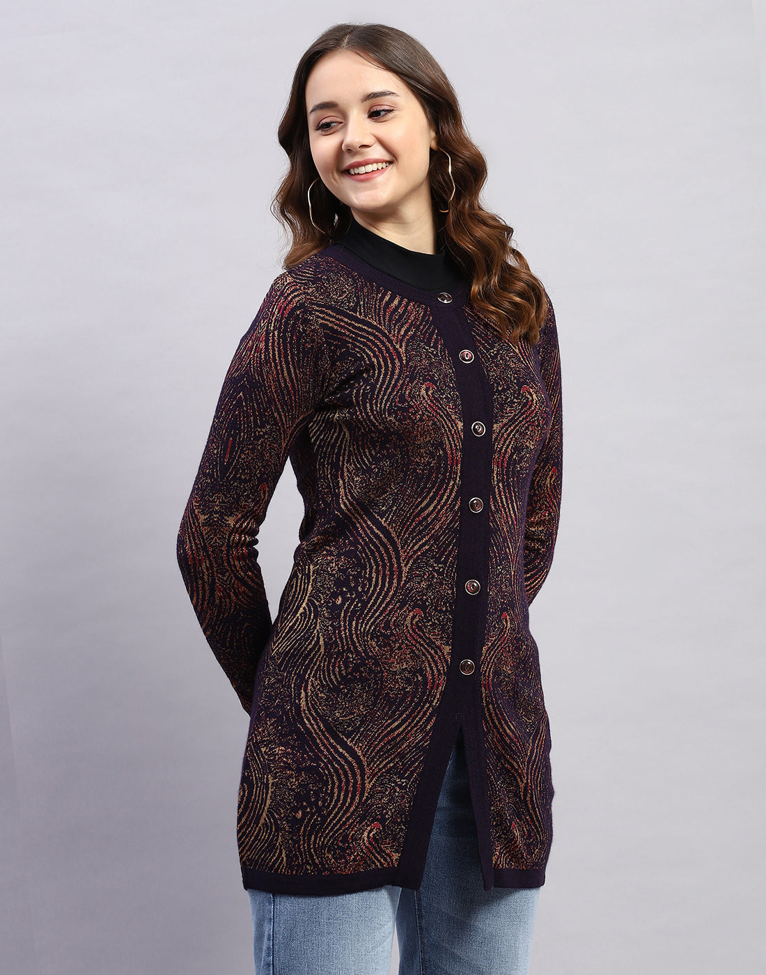 Women Maroon Self Design Round Neck Full Sleeve Cardigan