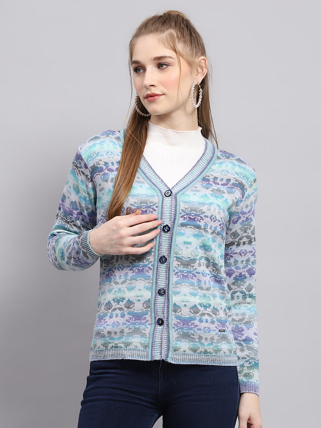 Women Blue Self Design V Neck Full Sleeve Cardigan