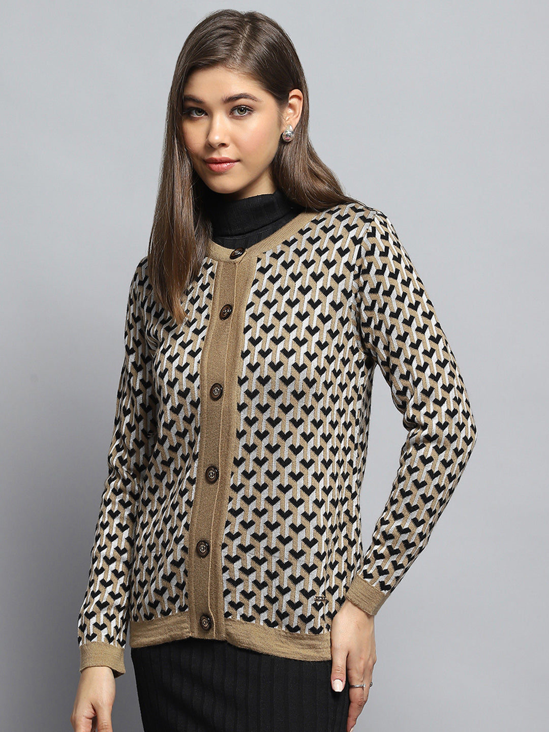 Women Beige Self Design Round Neck Full Sleeve Cardigan