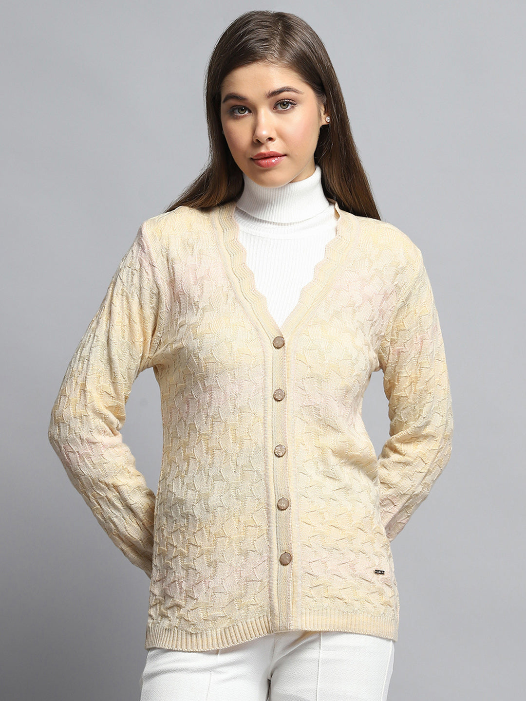 Women Beige Self Design V Neck Full Sleeve Cardigan