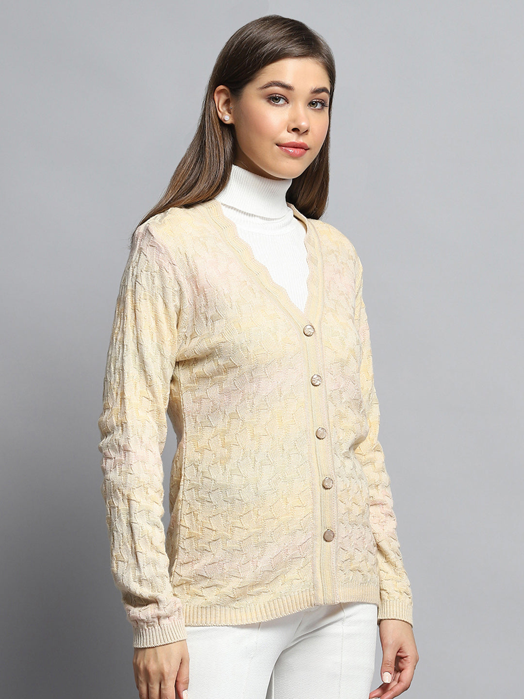 Women Beige Self Design V Neck Full Sleeve Cardigan