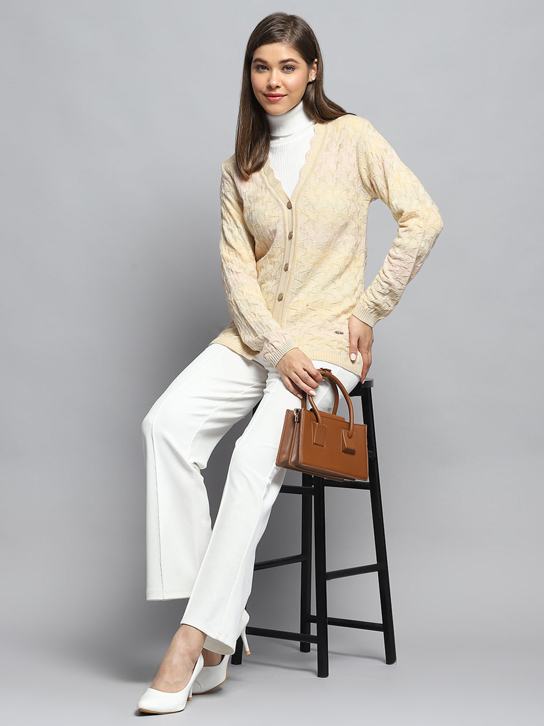 Women Beige Self Design V Neck Full Sleeve Cardigan