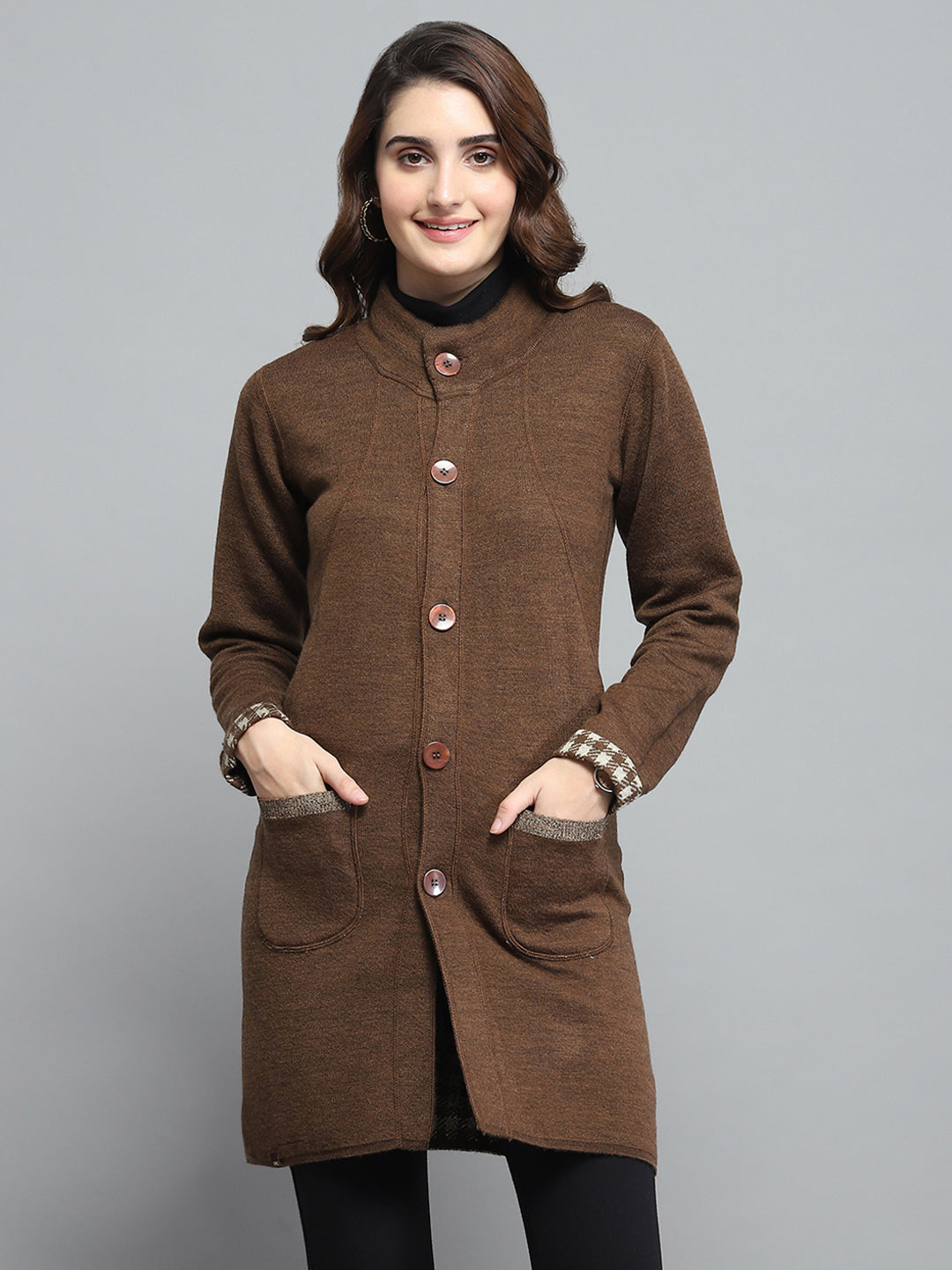 Women Brown Solid Round Neck Full Sleeve Knitted Coat