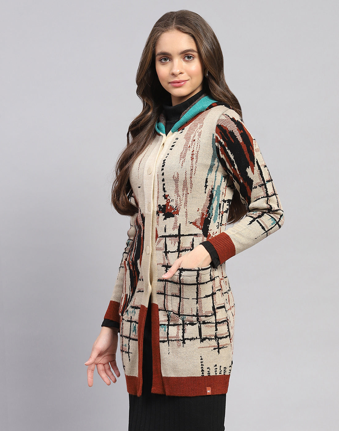 Women Rust Self Design Hooded Full Sleeve Cardigan