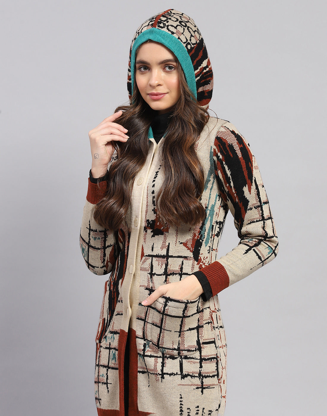 Women Rust Self Design Hooded Full Sleeve Cardigan