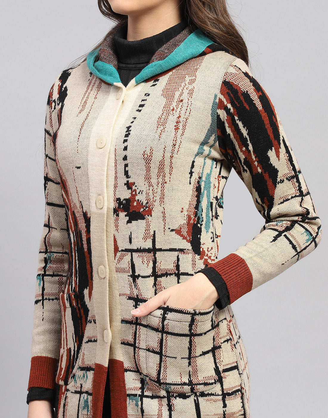 Women Rust Self Design Hooded Full Sleeve Cardigan